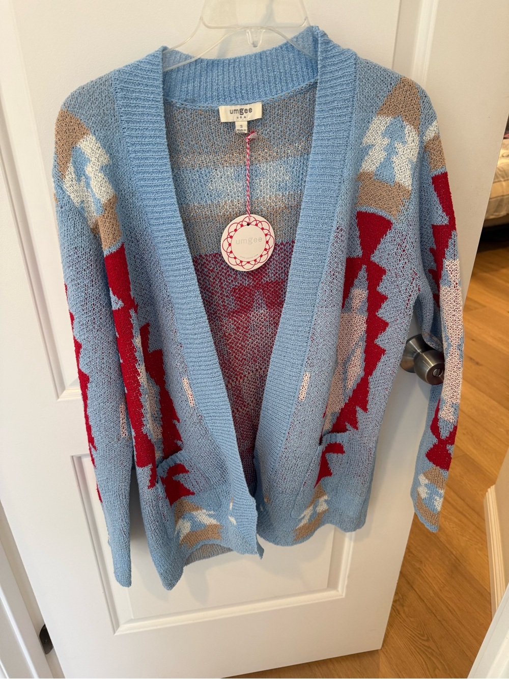Umgee Sky Blue Open-Front Aztec Knit Cardigan with Red and Tan Accents